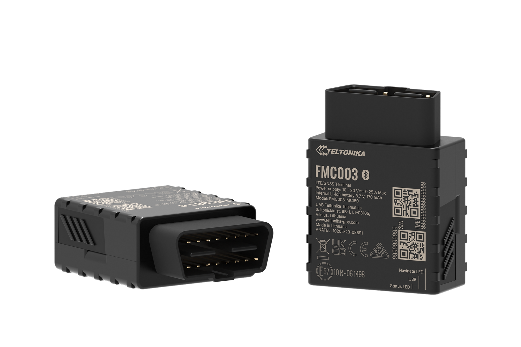 Teltonika FMC003 GPS-Tracker – Vorder- und Rückansicht mit OBD-II-Stecker